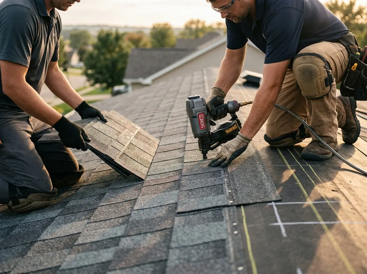 Professional roofer working on a residential roof in Gautier